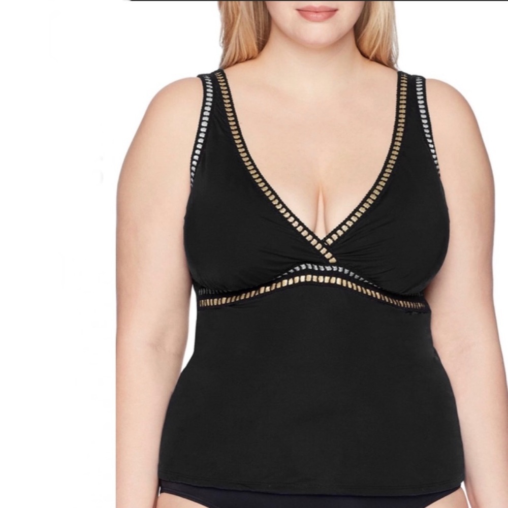 La Blanca Black V-Neck Tankini Top with Decorative Trim